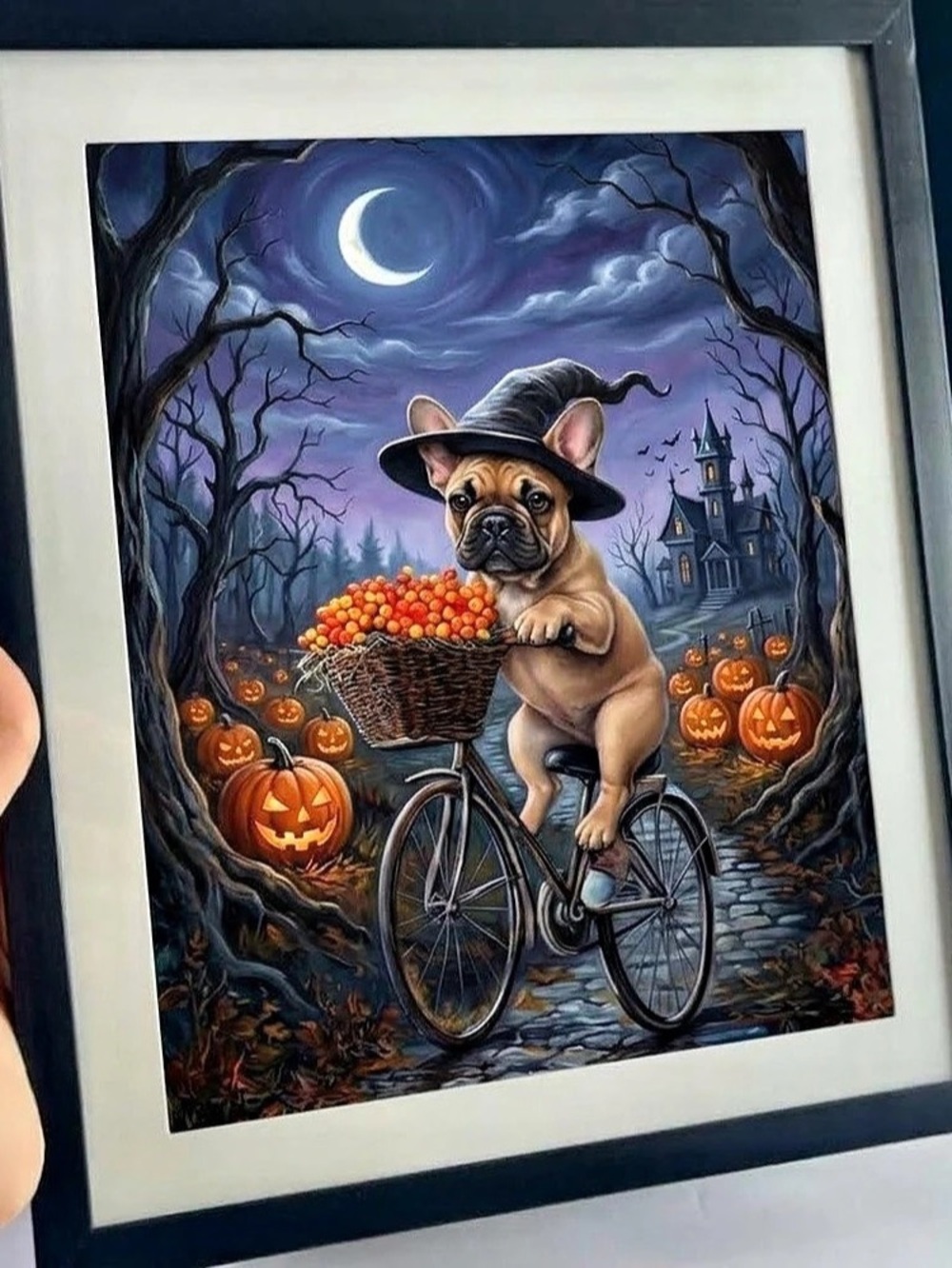 Halloween French Bulldog Witch Framed Art | Spooky Frenchie on Bicycle | Autumn